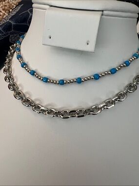Paparazzi Silver Link & Turquoise Bead Layered Necklace - Blue Silver